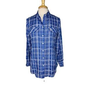 CHICOS Blue White Lightweight Plaid Button Up Shirt Sz Medium 8/10 (1) Textured